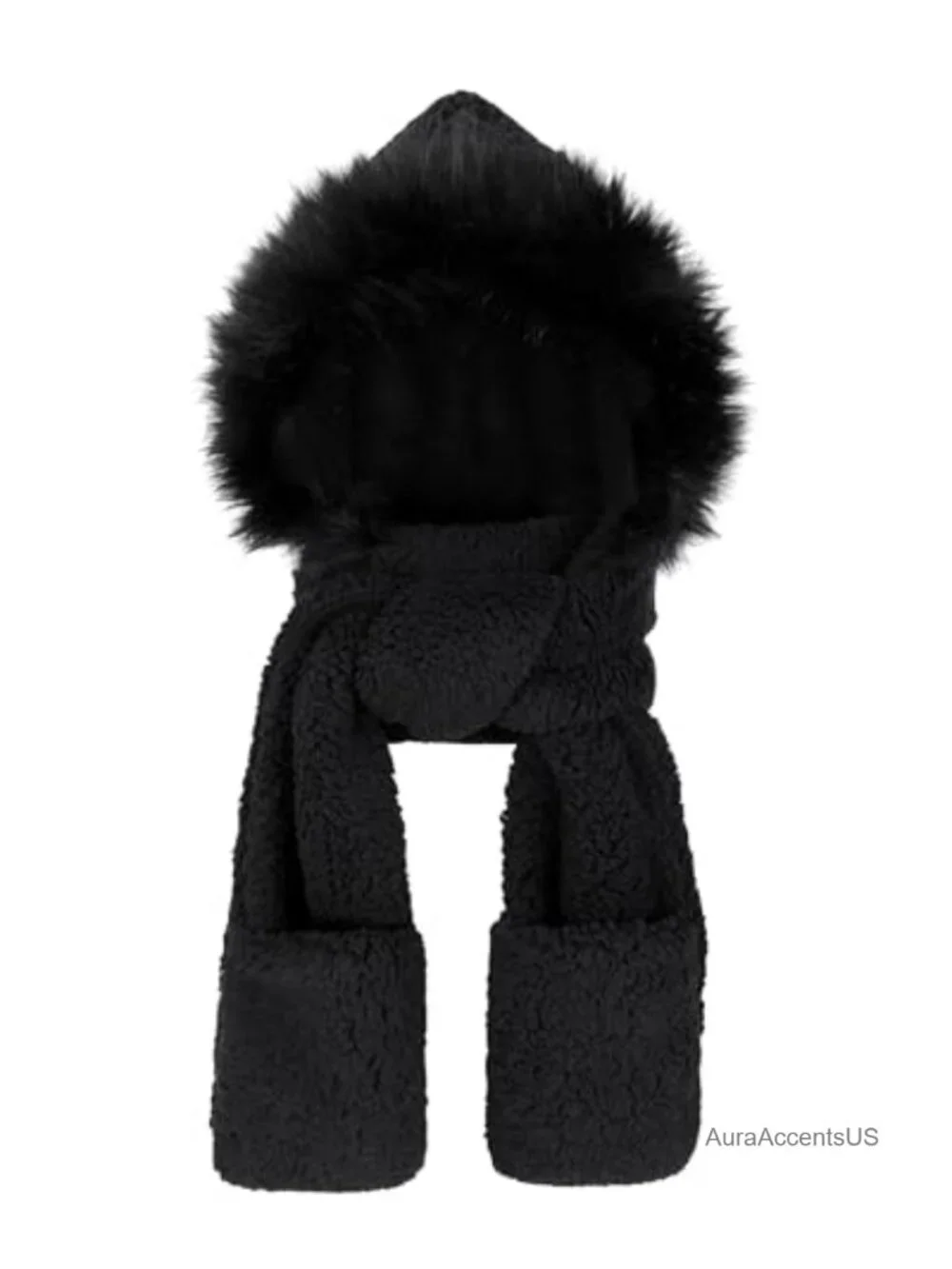 Faux Sherpa Hooded Scarf with Faux Fur Trim 3-in-1 Hat Gloves Set Winter